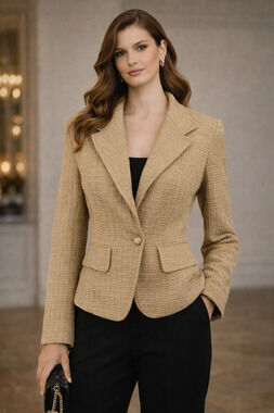 VTG St John Women's Metalic Wool Blend Tan Tweed Knit Blazer Y2K Old Money Luxe
